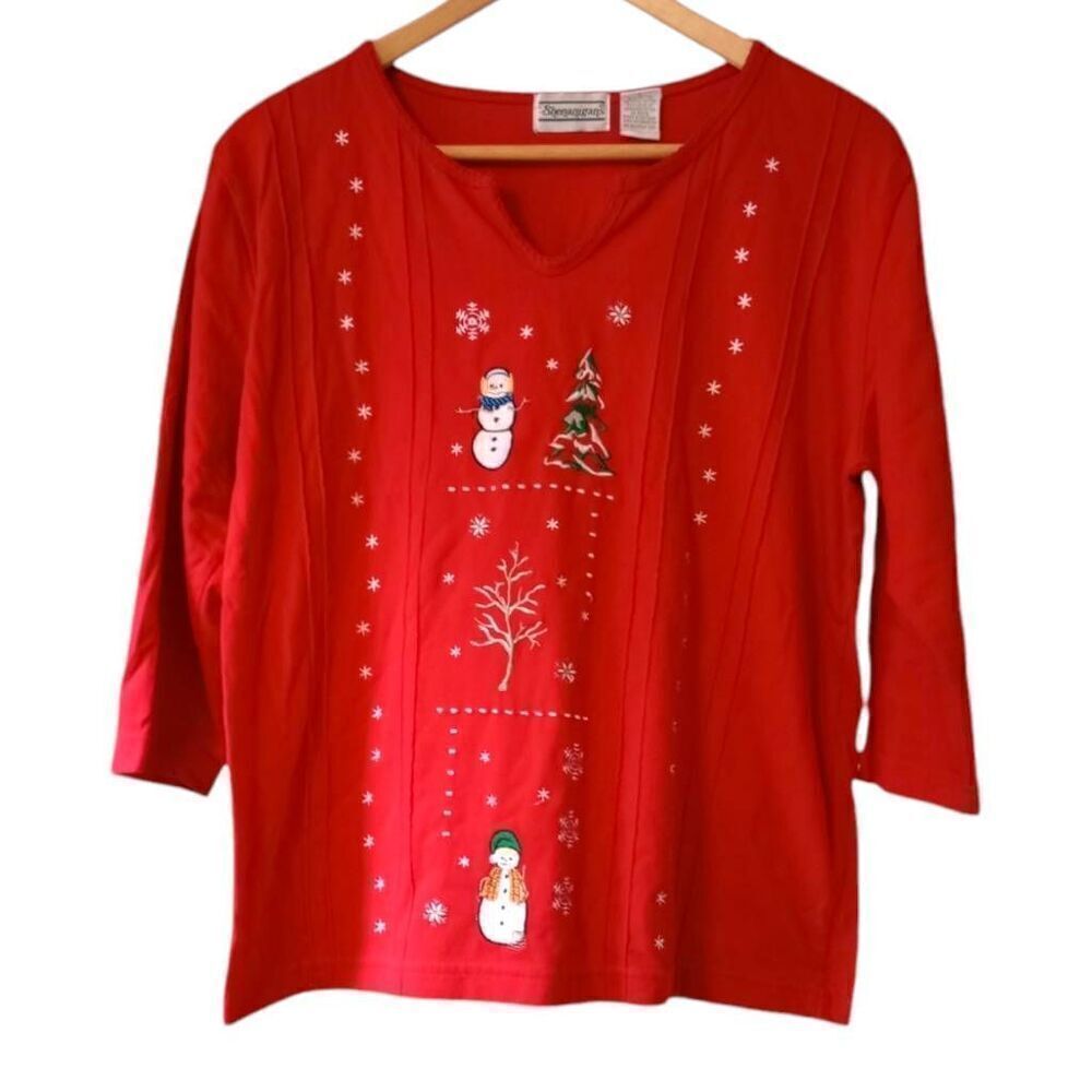 Shenanigans red long sleeve Snowman, winter Tee shirt